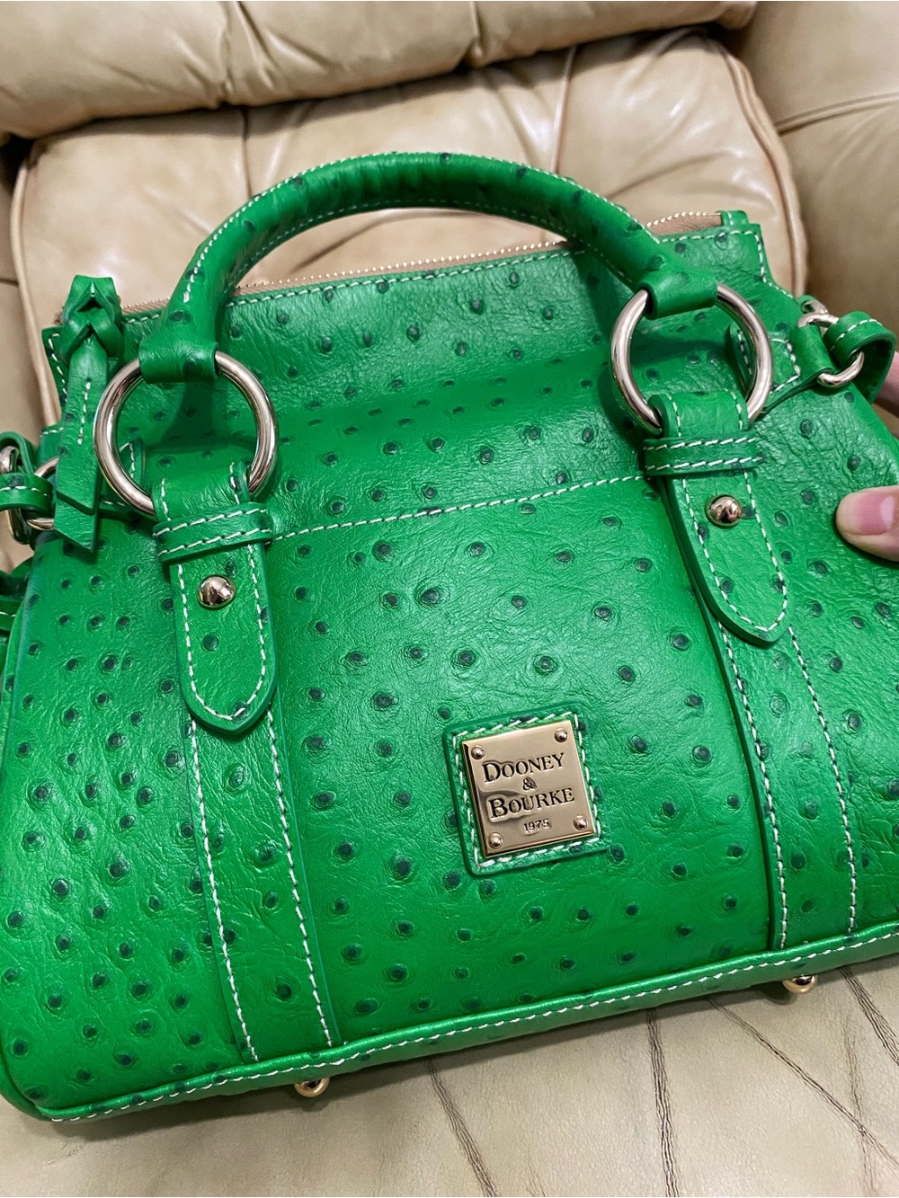 NEW Dooney & Bourke Kelly Green Pocket Satchel Ostrich Embossed Leather Tassel - Picture 6 of 15